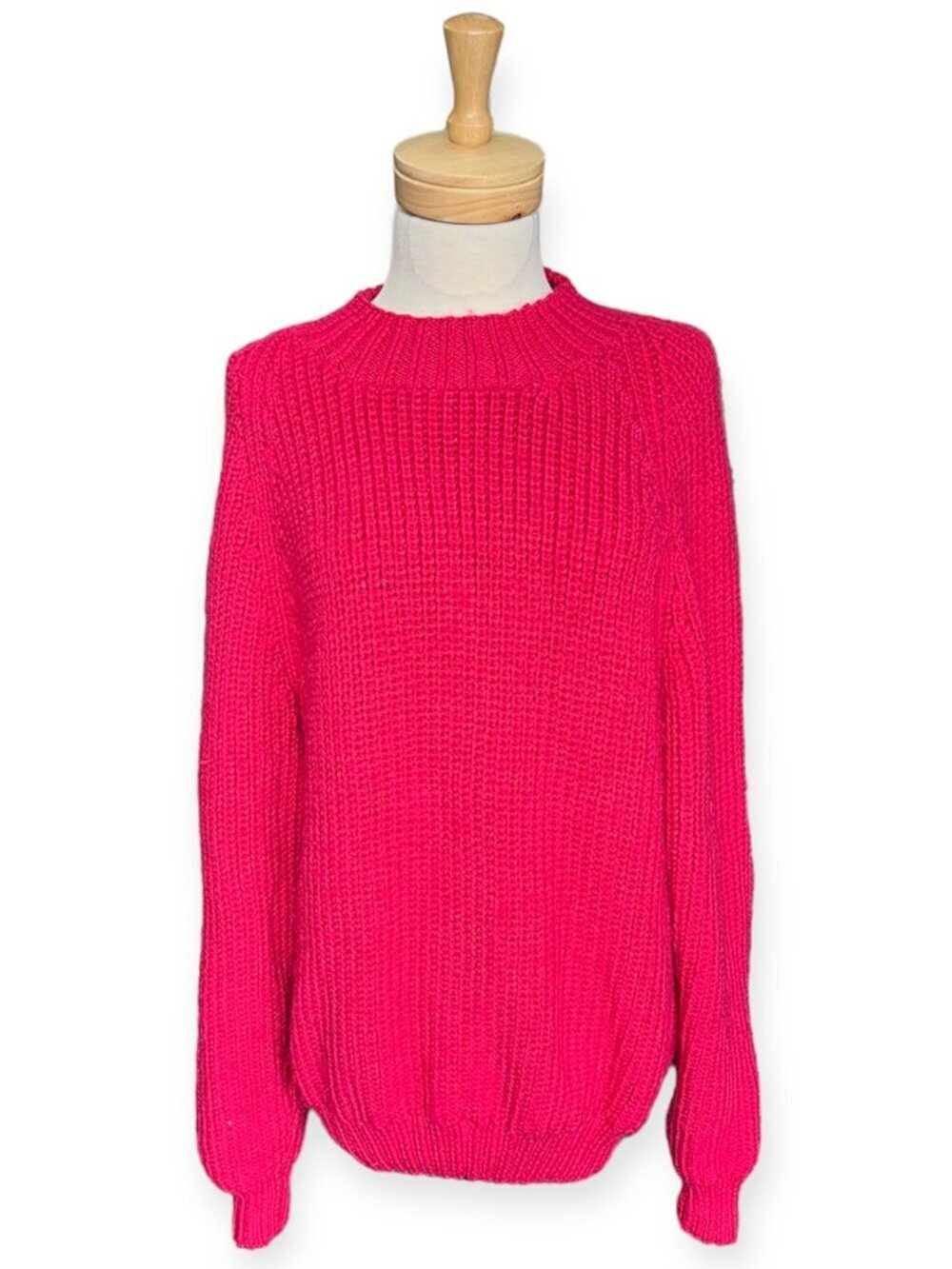 Oversized Hand Knit Red Women's Chunky Mock Neck Sweater. Size 2X-Large